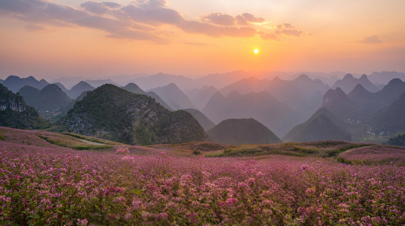 Buckwheat flowers blooming pink and purple on the Dong Van Karst Plateau during autumn, a poetic scene characteristic of Ha Giang's highlands