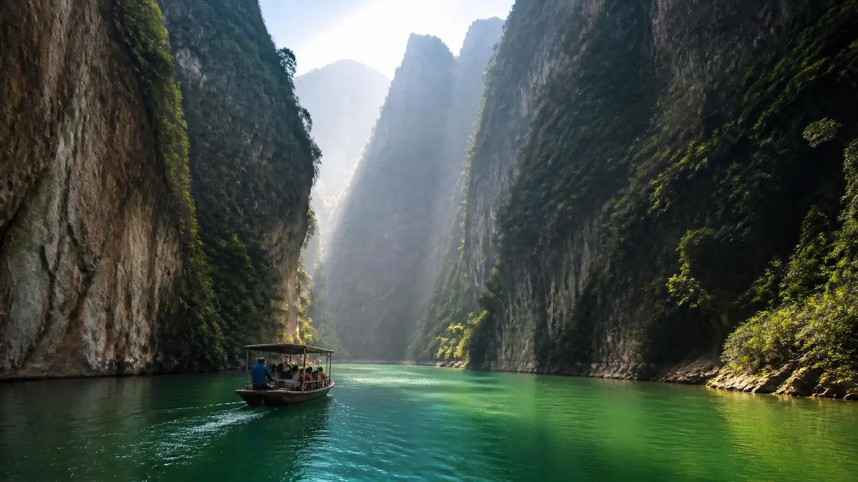 Tourists exploring Tu San Canyon by motorboat on the emerald-green Nho Que River surrounded by towering limestone cliffs