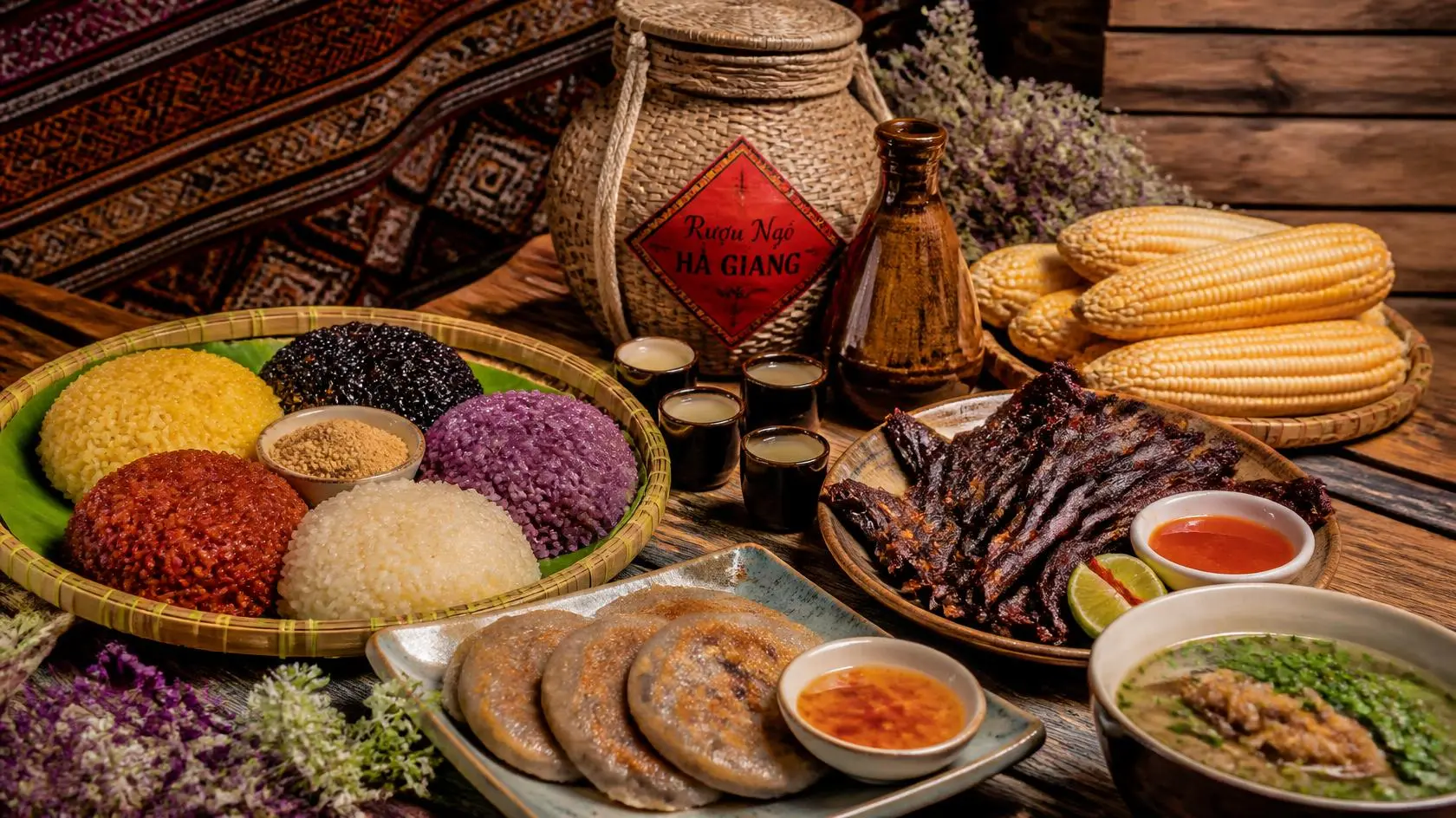 Traditional Hà Giang highland specialties including five-color sticky rice, buckwheat cakes, and dried buffalo meat